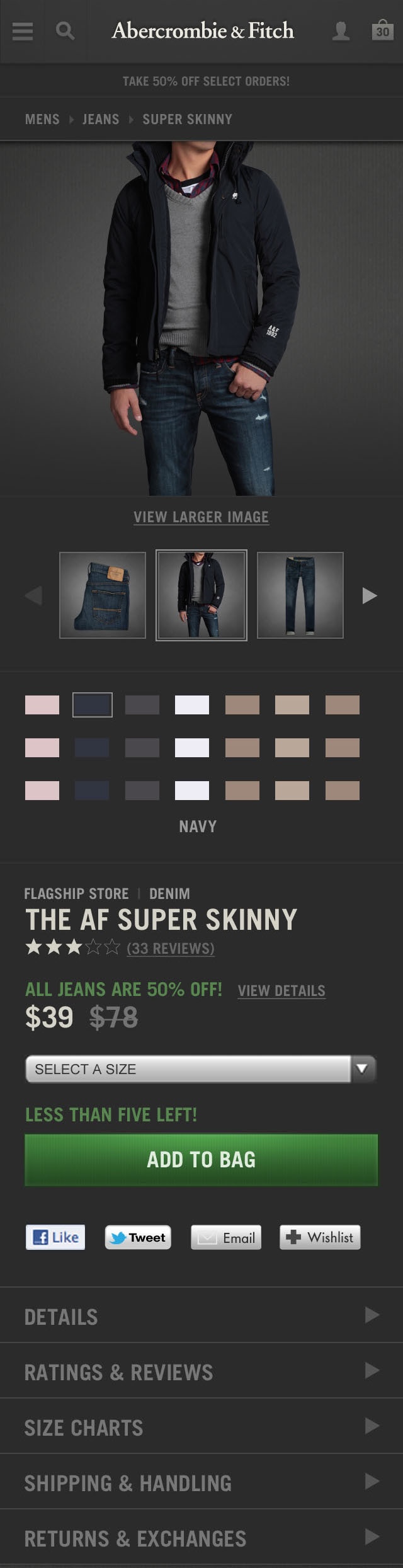 A&F mobile product page