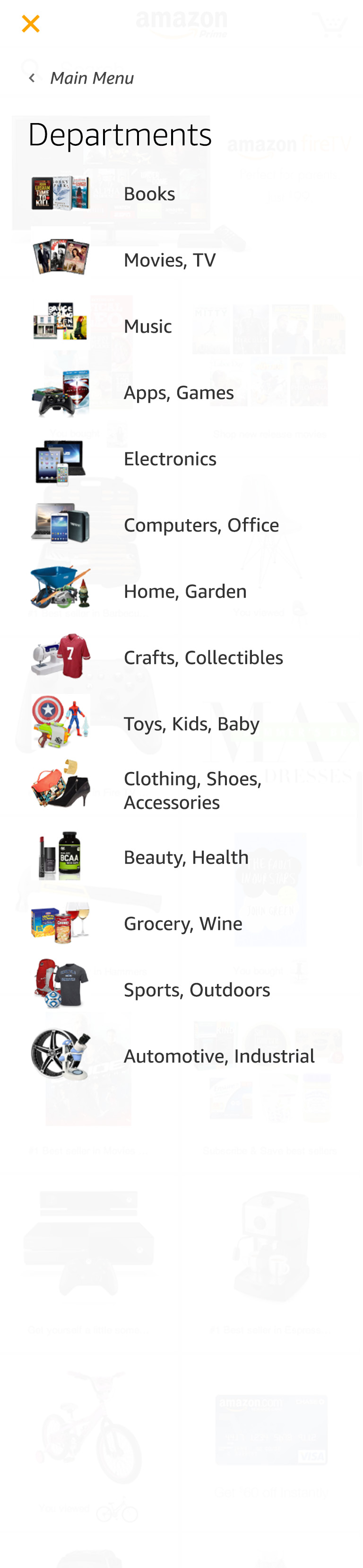 Amazon mobile department menu