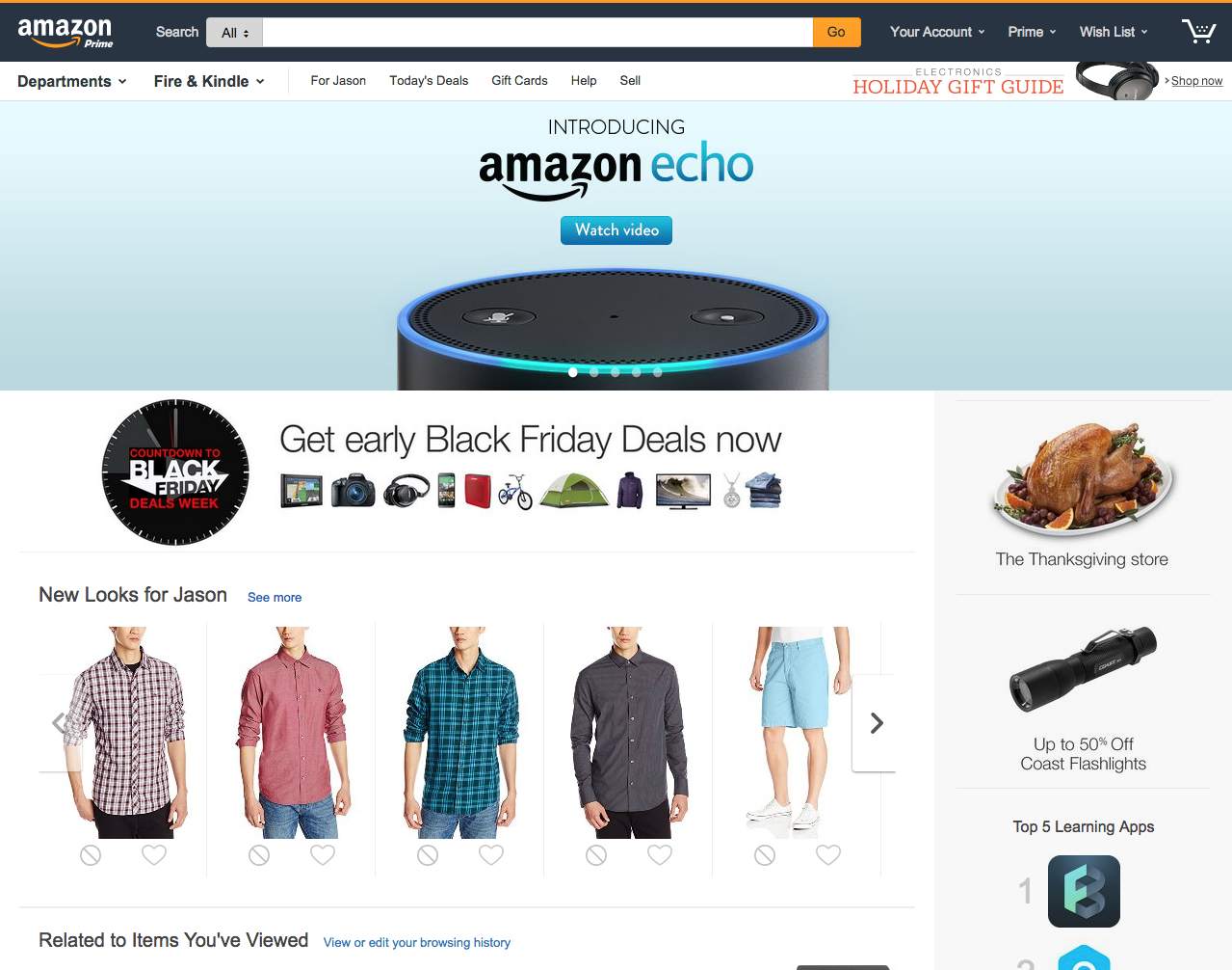 Amazon homepage — global navigation & merchandising